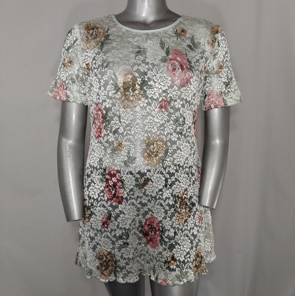 Vintage Top Pleated Lace Floral Sheer Mint Tunic Short Sleeve Round Neck 14